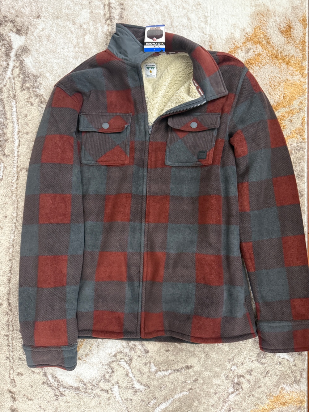 Voyager Mens Plaid Zip Shirt Jacket in Red & Gray
